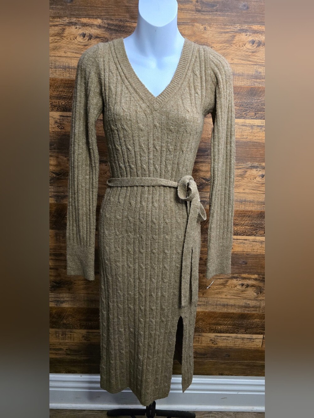 Abercrombie & Fitch Olive Cable Knit V-Neck Belted Midi Dress
